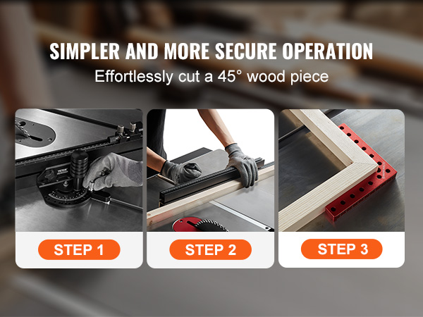 simpler and secure operation with VEVOR miter gauge for precise 45° woodcut, featuring three steps.