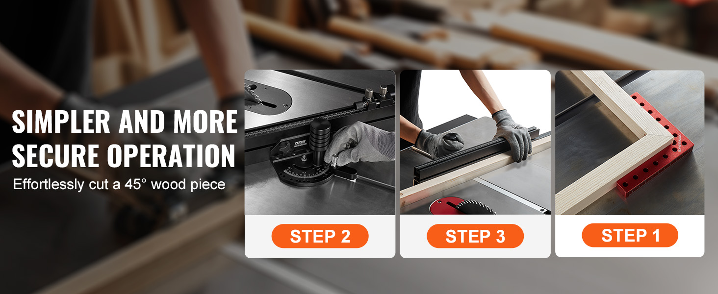simpler and secure operation with VEVOR miter gauge for precise 45° woodcut, featuring three steps.