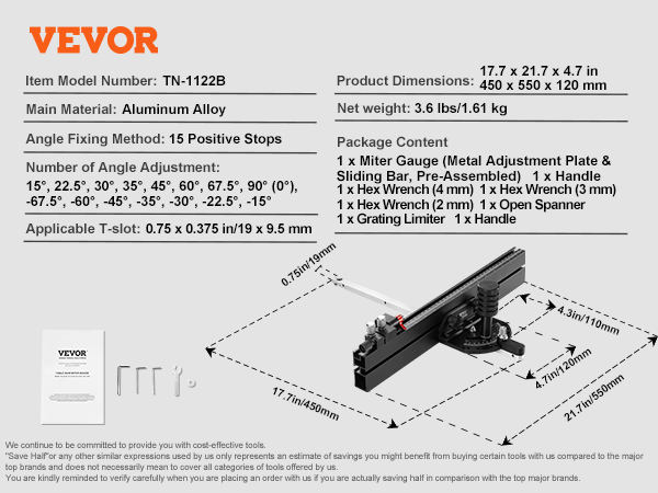 VEVOR precision miter gauge, tn-1122b, aluminum alloy, dimensions, and included tools displayed.