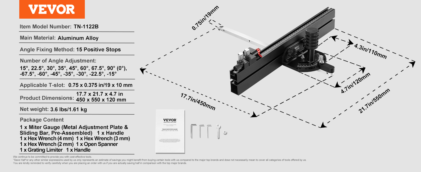 VEVOR precision miter gauge, tn-1122b, aluminum alloy, dimensions, and included tools displayed.