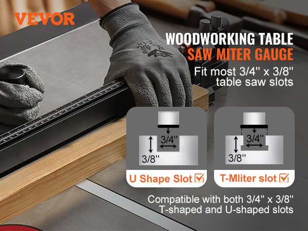 VEVOR precision miter gauge on woodworking table with gloved hands adjusting the ruler.