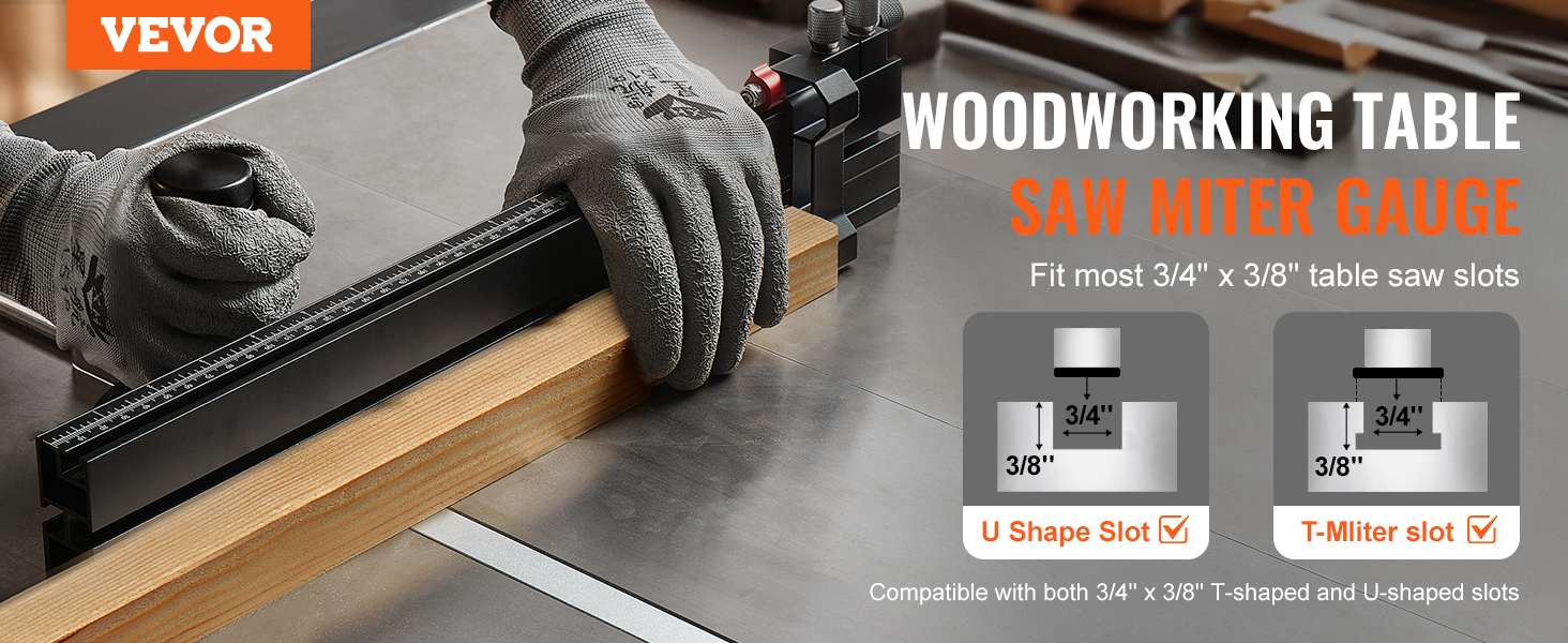 VEVOR precision miter gauge on woodworking table with gloved hands adjusting the ruler.
