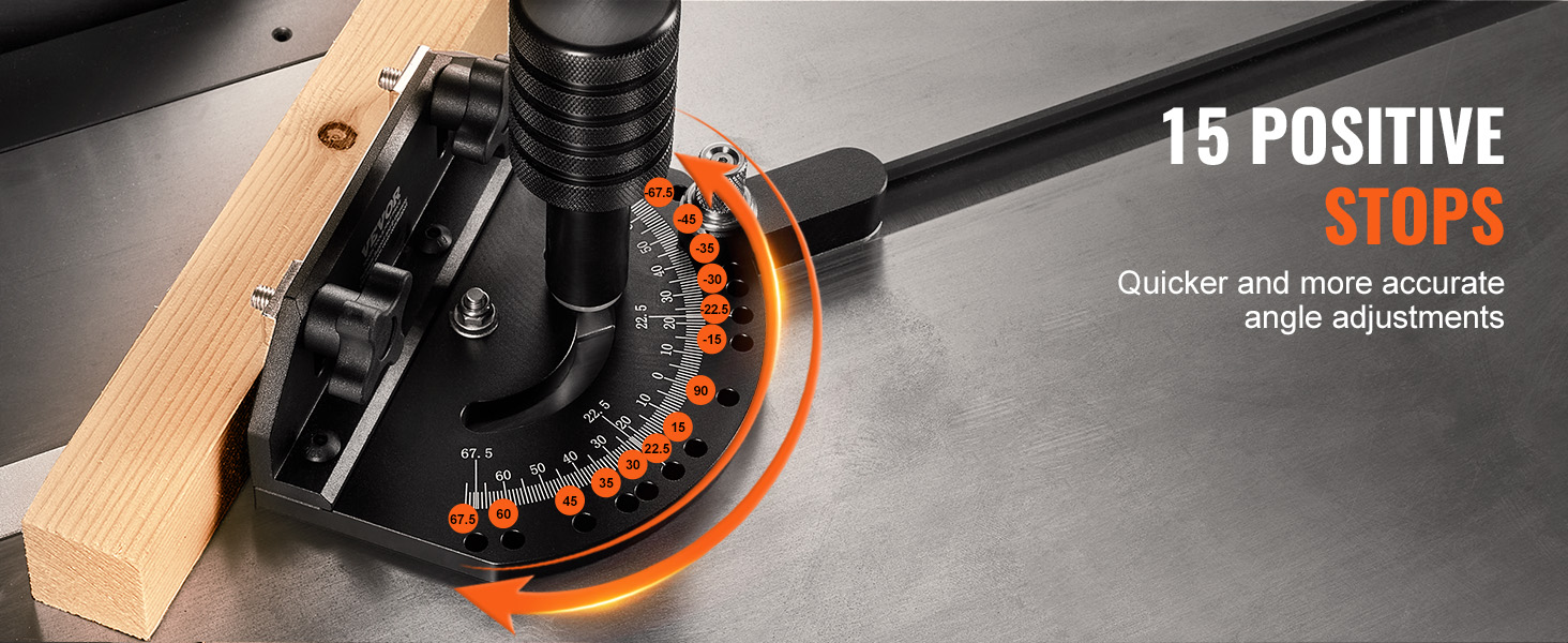 VEVOR precision miter gauge with 15 positive stops for faster and more accurate angle adjustments.