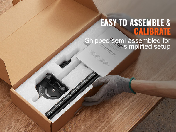 VEVOR precision miter gauge in a box, easy to assemble instructions, person wearing gloves.