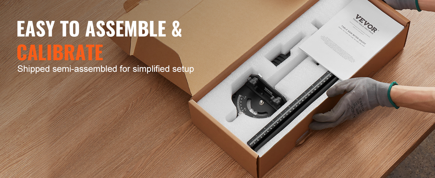 VEVOR precision miter gauge in a box, easy to assemble instructions, person wearing gloves.