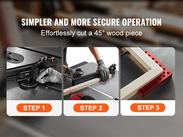 VEVOR precision miter gauge: effortlessly cut a 45° wood piece in 3 simple steps for a secure operation.