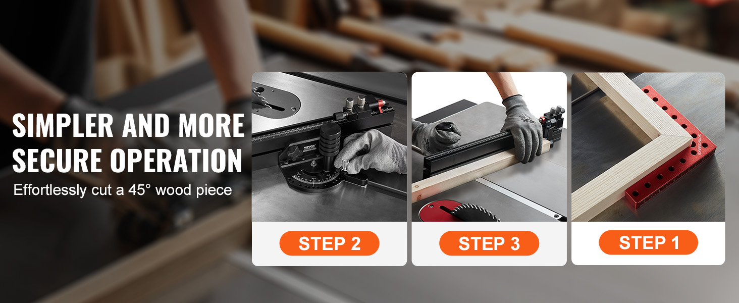 VEVOR precision miter gauge: effortlessly cut a 45° wood piece in 3 simple steps for a secure operation.