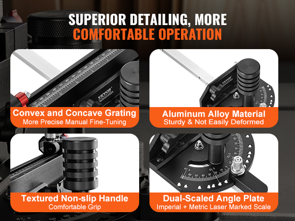 VEVOR precision miter gauge with textured handle, dual-scaled angle plate, and aluminum alloy material.