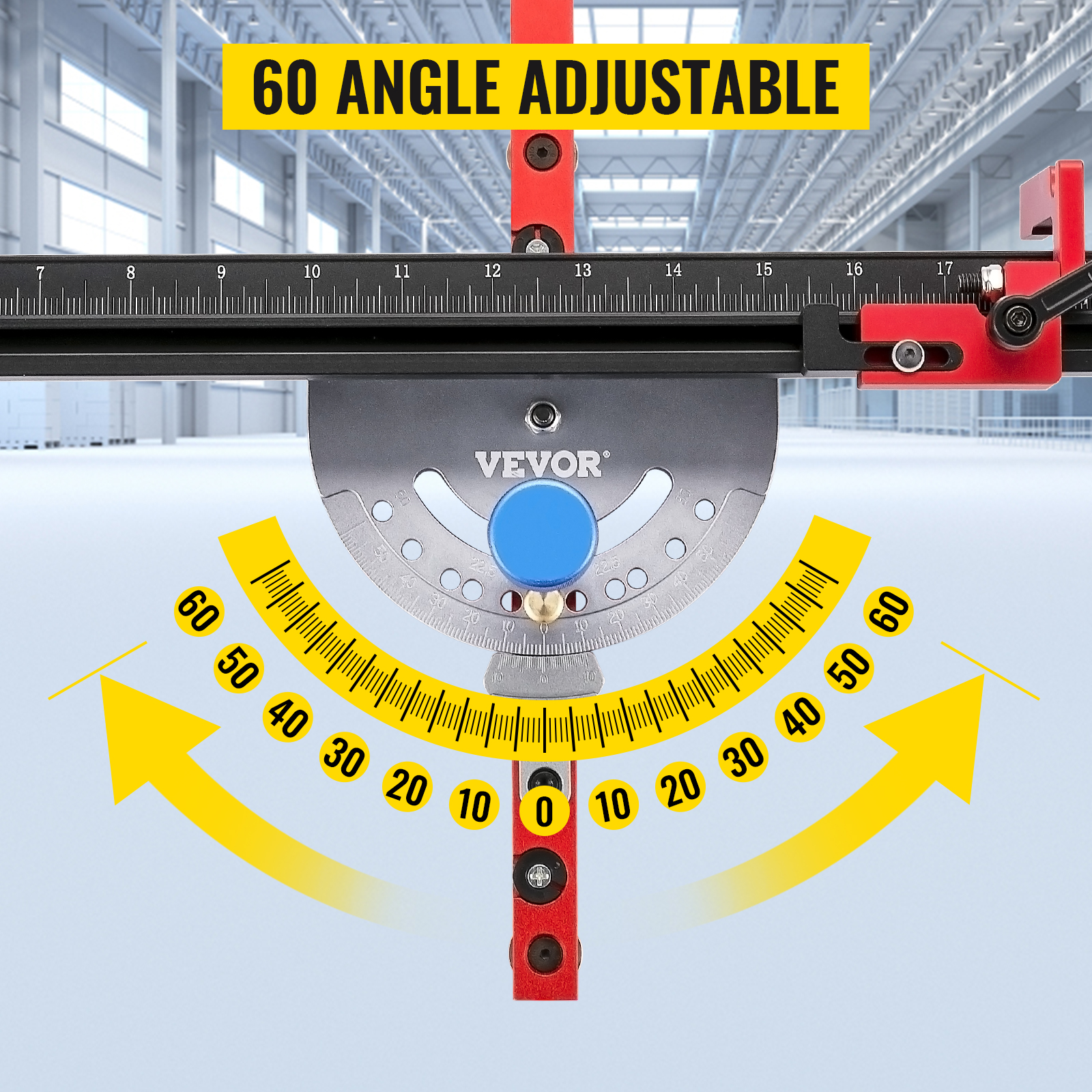VEVOR precision miter gauge with 60-degree angle adjustability feature.