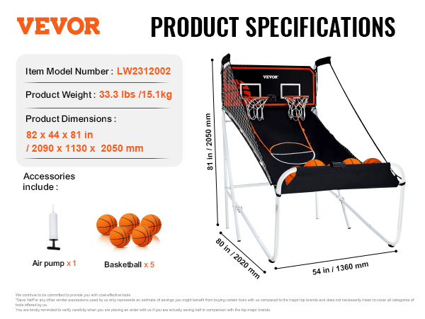 VEVOR foldable basketball arcade game with two hoops, five balls, and an air pump included, dimensions 80"x54"x81".