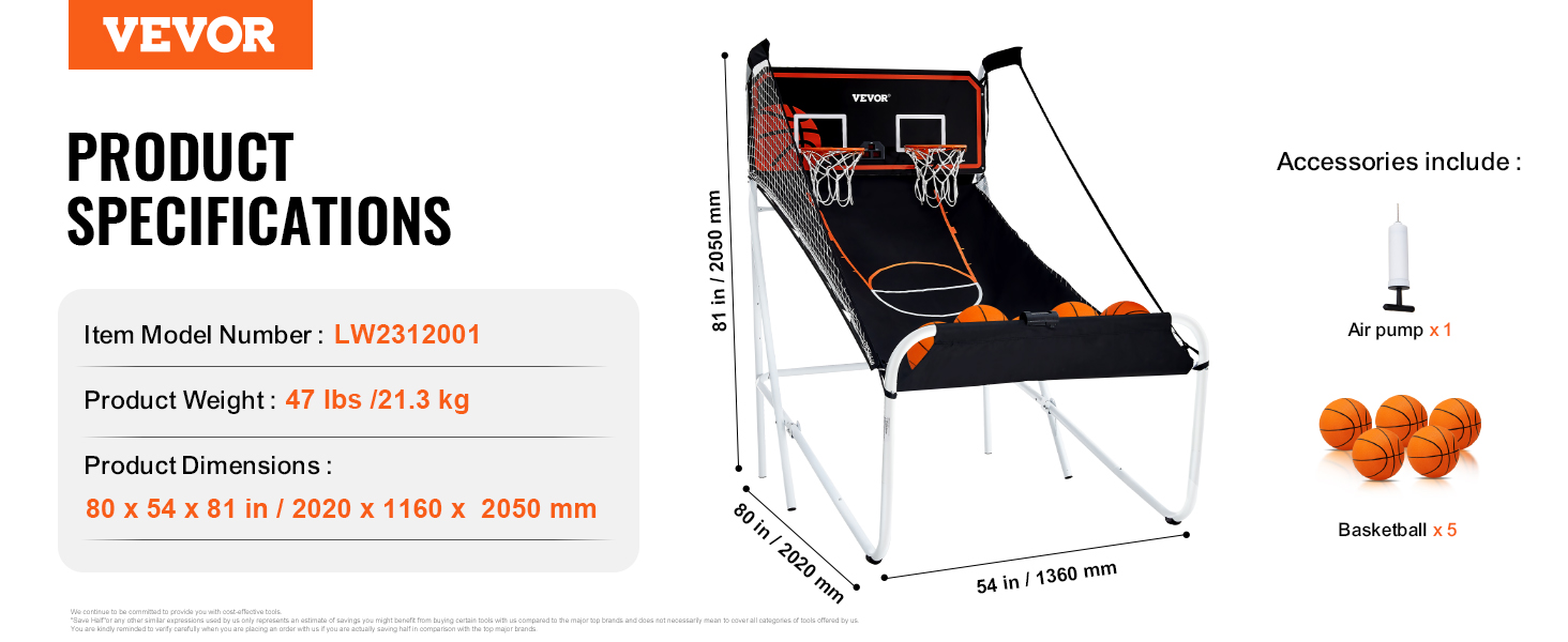 VEVOR foldable basketball arcade game with two hoops, five balls, and an air pump included, dimensions 80"x54"x81".