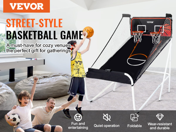 VEVOR foldable basketball arcade game setup with kids playing in a cozy indoor space.