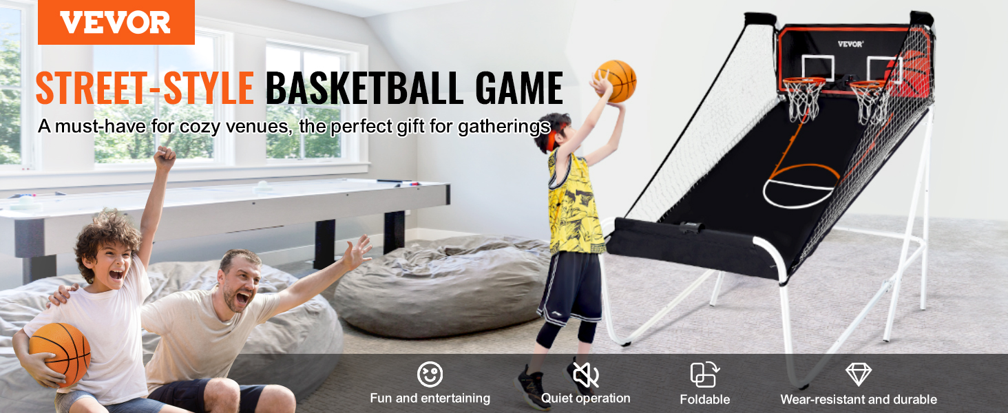 VEVOR foldable basketball arcade game setup with kids playing in a cozy indoor space.