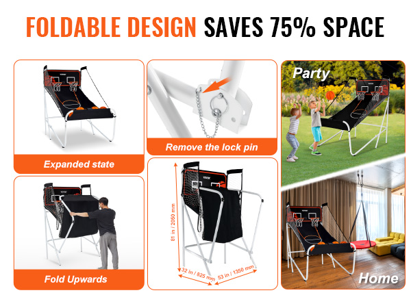 VEVOR foldable basketball arcade game showcasing expanded state, folding steps, dimensions, and uses at home and parties.