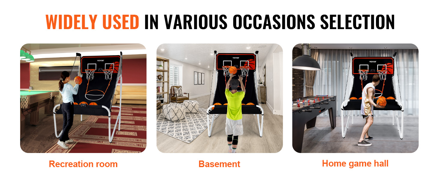 VEVOR foldable basketball arcade game used in recreation room, basement, and home game hall.