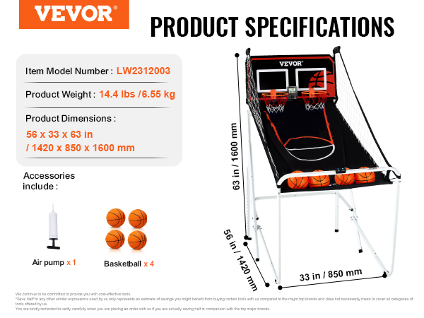 VEVOR basketball arcade game specs: 14.4 lbs, 56x33x63 in. includes 4 basketballs and air pump.