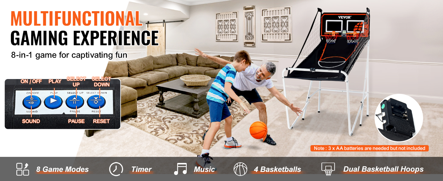 VEVOR basketball arcade game with dual hoops, control panel, and accessories in an indoor setting.