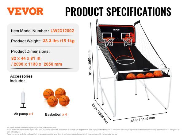 VEVOR foldable basketball arcade game with 4 basketballs, air pump, and product specifications.