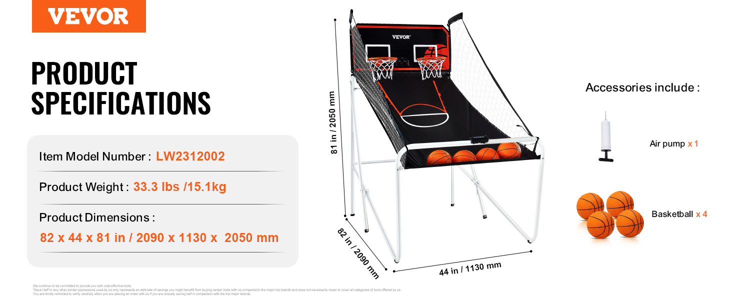 VEVOR foldable basketball arcade game with 4 basketballs, air pump, and product specifications.