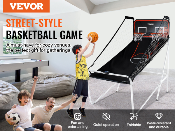 VEVOR foldable basketball arcade game in a cozy room with kids playing and bean bags in the background.