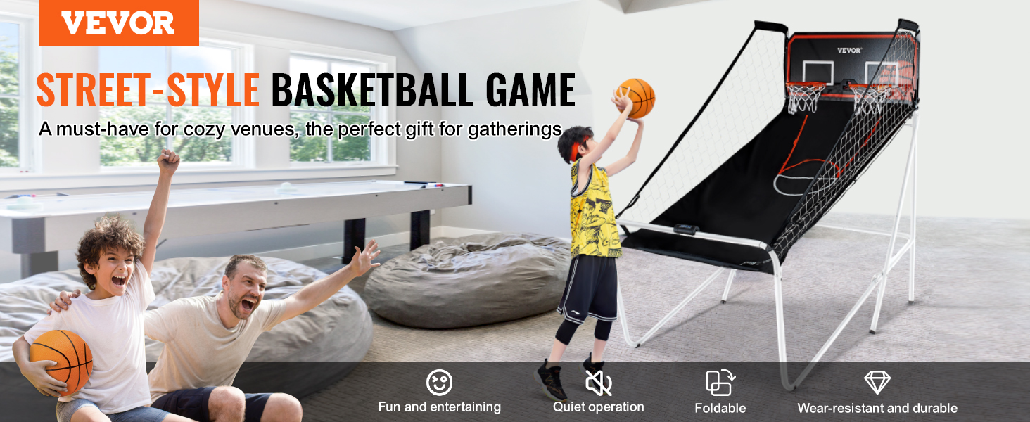 VEVOR foldable basketball arcade game in a cozy room with kids playing and bean bags in the background.