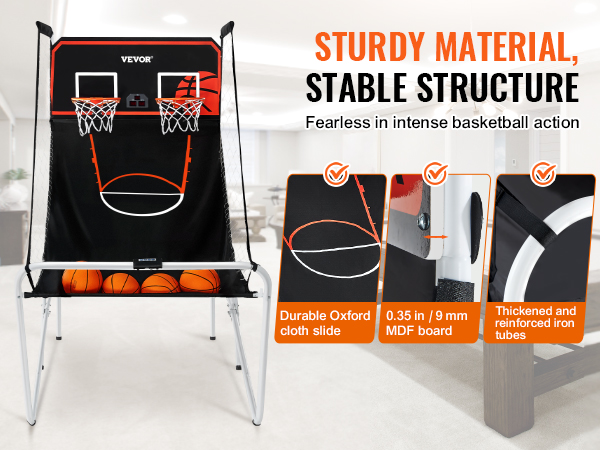 VEVOR foldable basketball arcade game with dual hoops, durable oxford cloth, and reinforced iron tubes.