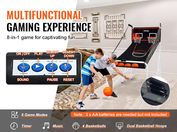 VEVOR foldable basketball arcade game in a living room with kids playing, featuring dual hoops and 4 basketballs.