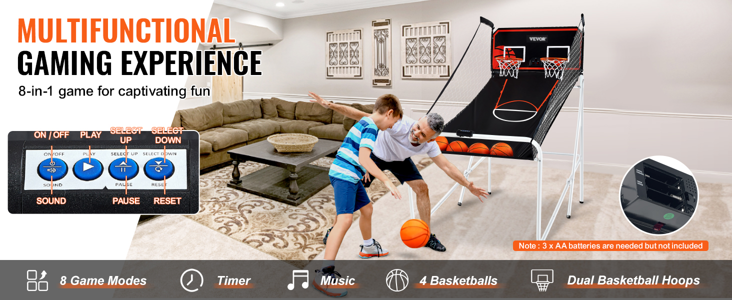 VEVOR foldable basketball arcade game in a living room with kids playing, featuring dual hoops and 4 basketballs.