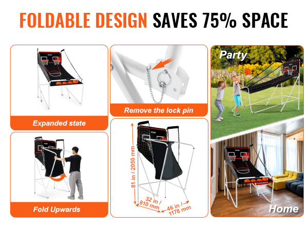 VEVOR foldable basketball arcade game with metal frame, saves 75% space, ideal for home and parties.