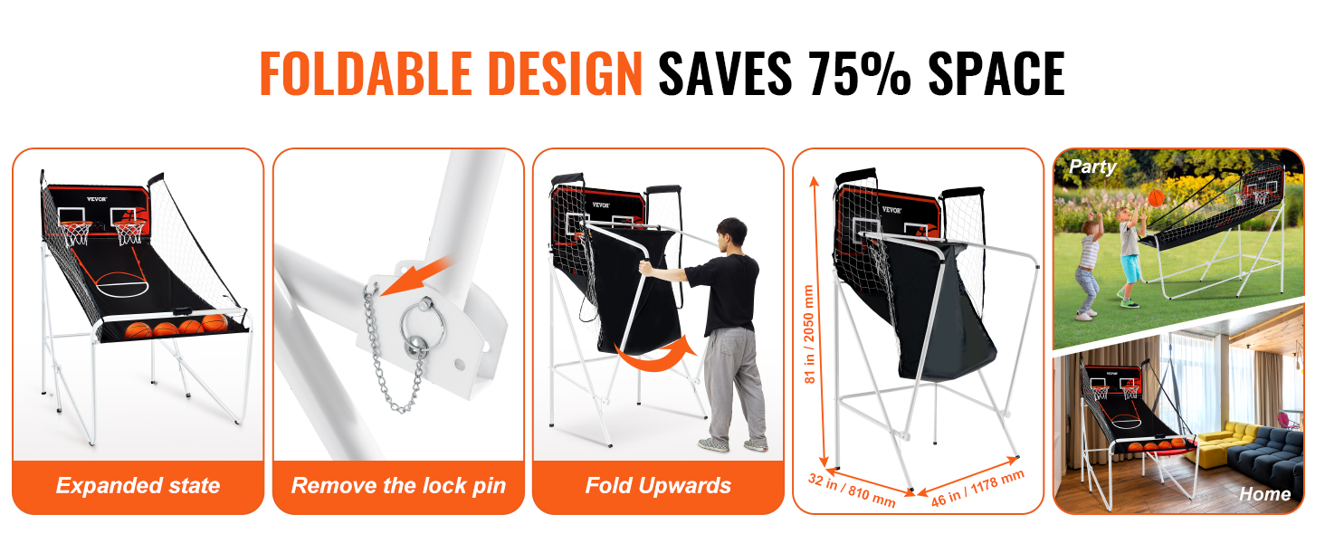 VEVOR foldable basketball arcade game with metal frame, saves 75% space, ideal for home and parties.