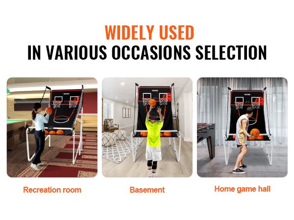 VEVOR foldable basketball arcade game in recreation room, basement, and home game hall.