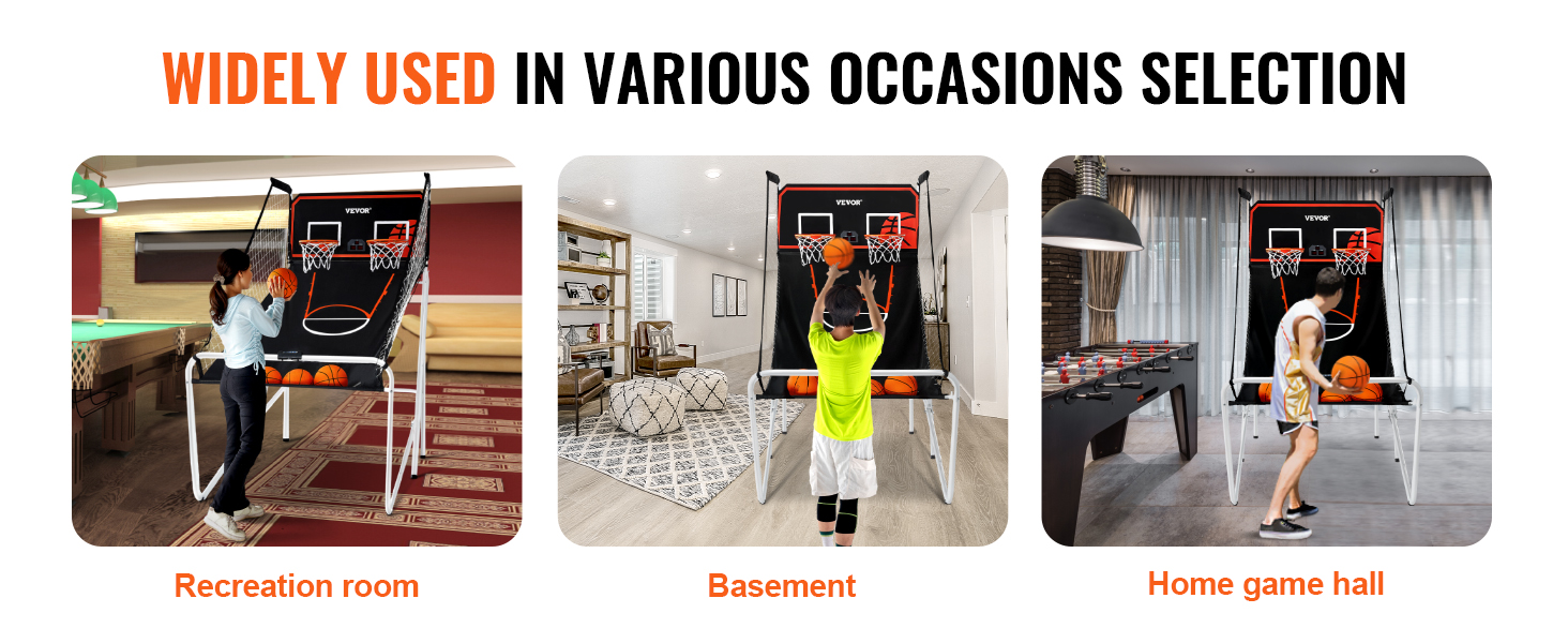 VEVOR foldable basketball arcade game in recreation room, basement, and home game hall.