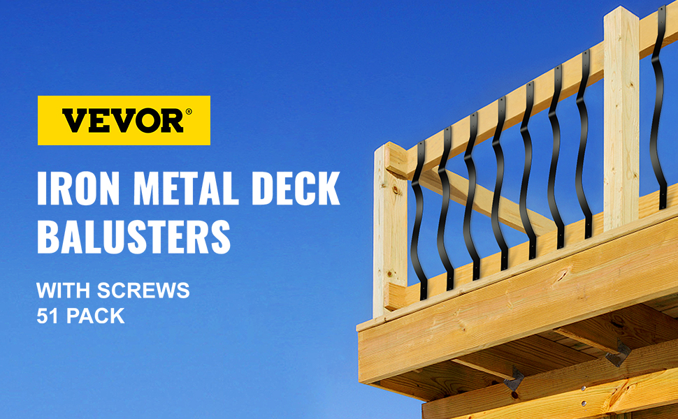 VEVOR deck balusters in wood railing, 51-pack with screws, against a blue sky.
