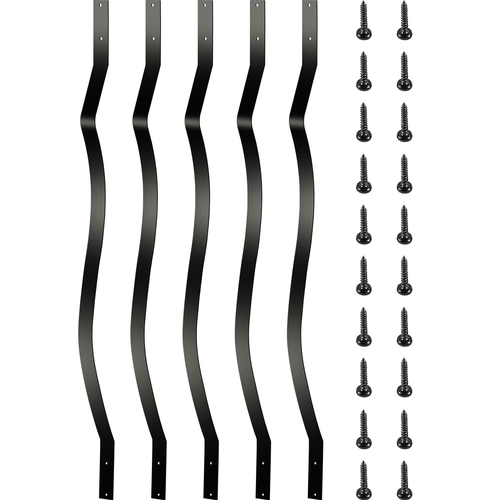 black VEVOR deck balusters with screws, wavy design, no background.