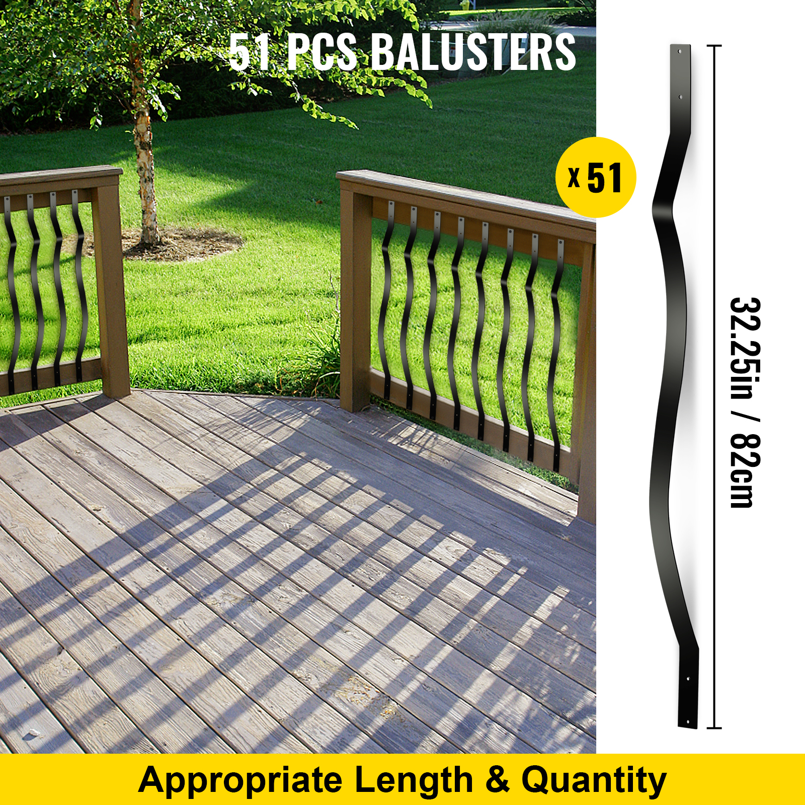 VEVOR deck balusters, 51-pack, 32.25 inches, wavy black metal design on wooden deck.