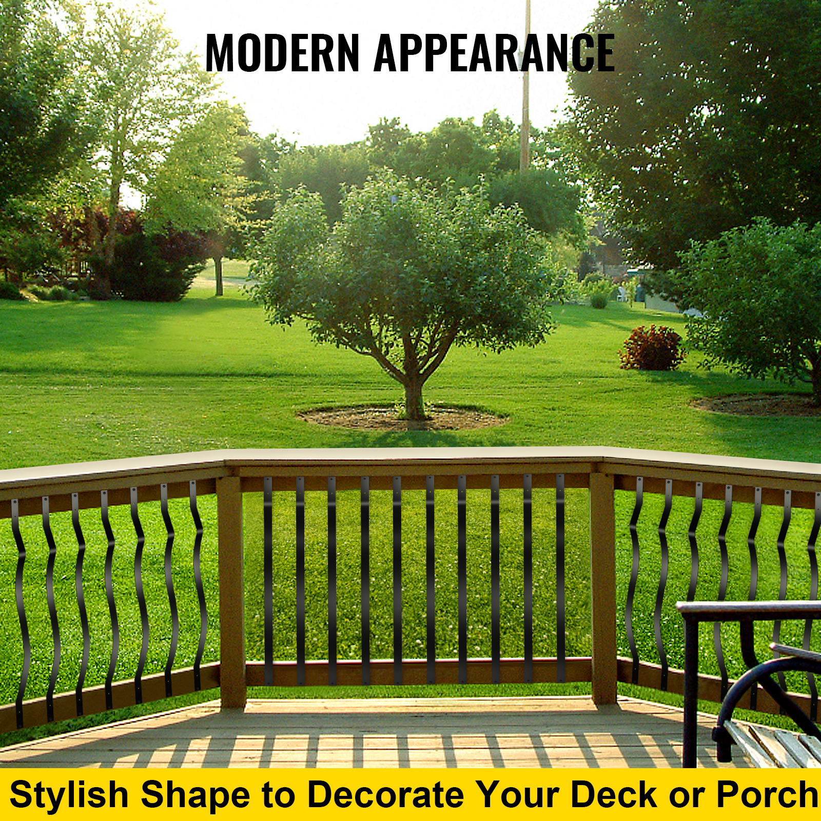 VEVOR deck balusters with modern design on a porch overlooking a green backyard.