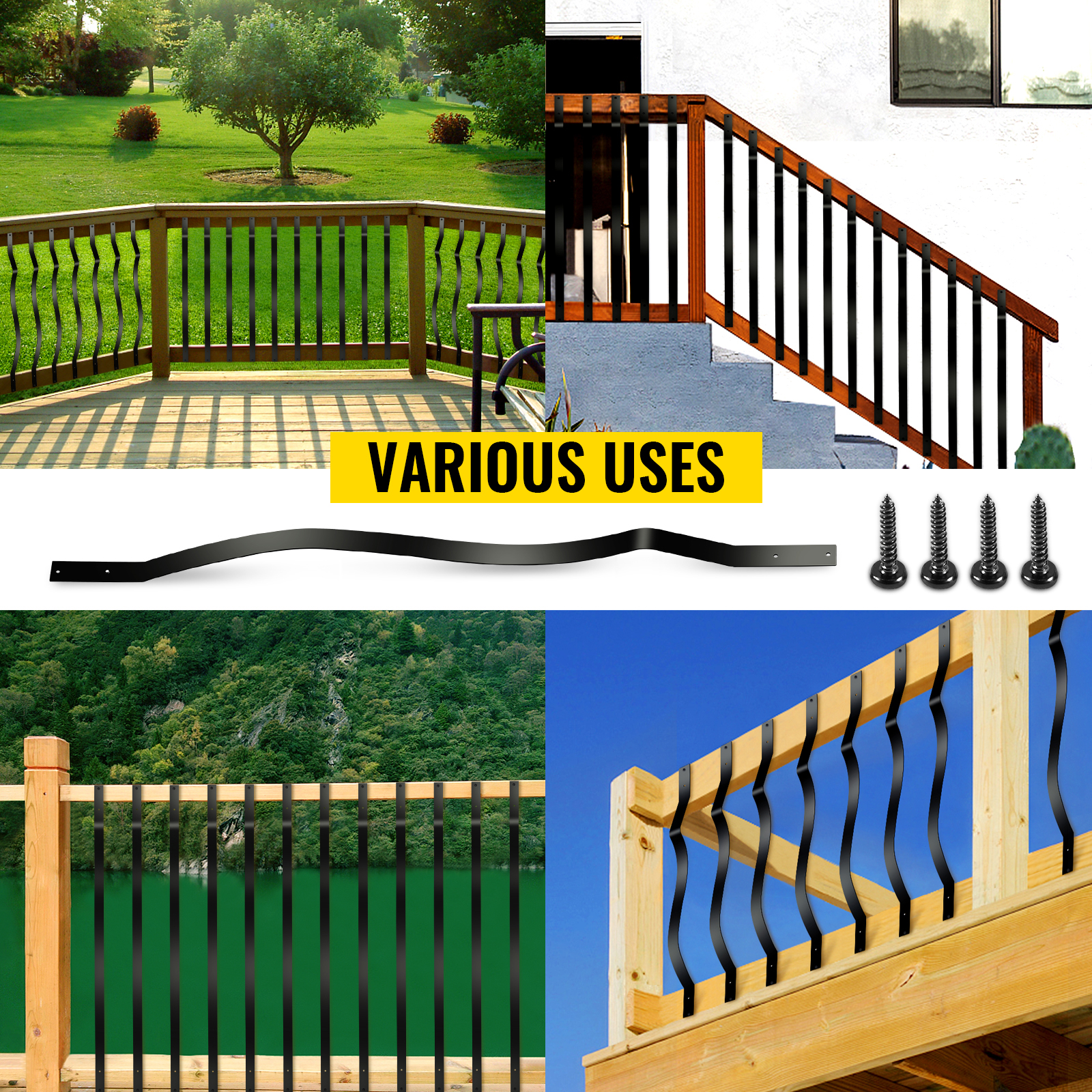 VEVOR deck balusters showcased in various railing designs with screws and black wavy detail.