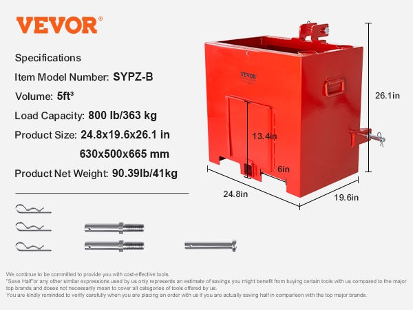 red VEVOR ballast box, model sypz-b, 800lb capacity, 5ft³ volume, dimensions 24.8x19.6x26.1 inches.