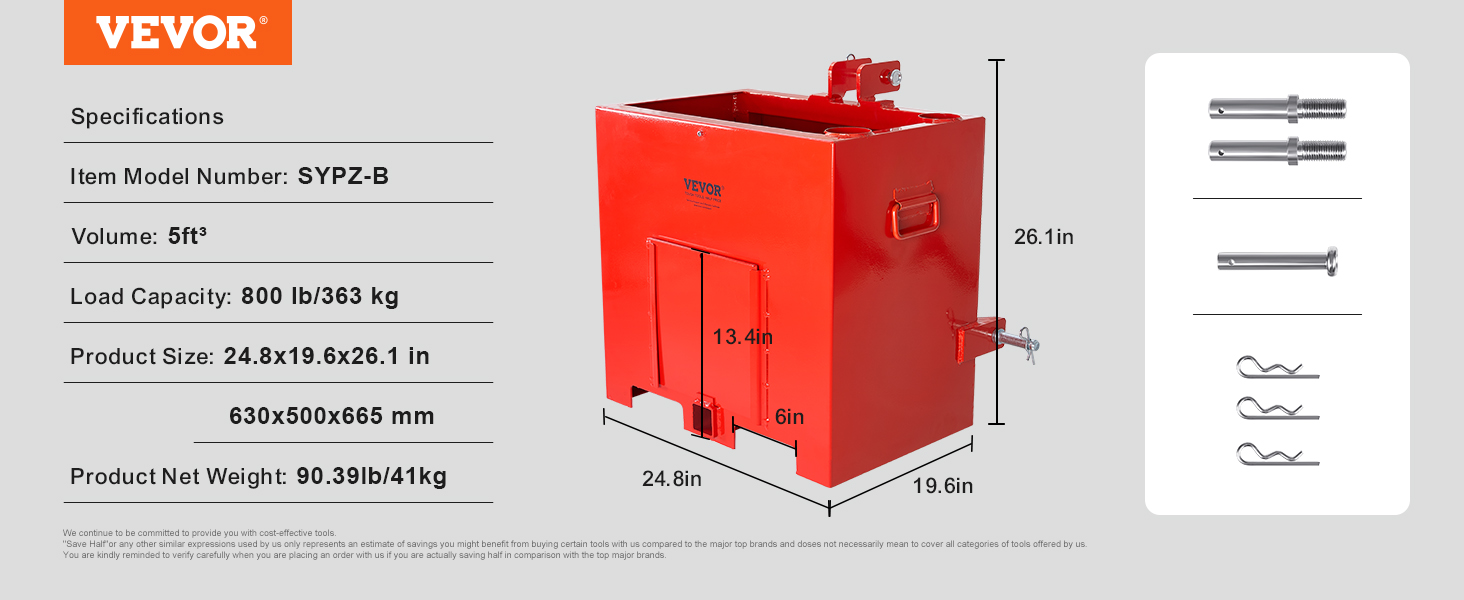 red VEVOR ballast box, model sypz-b, 800lb capacity, 5ft³ volume, dimensions 24.8x19.6x26.1 inches.