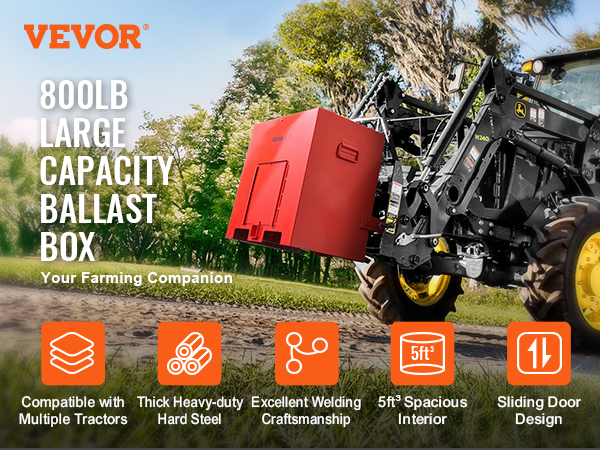 VEVOR ballast box on tractor, 800lb capacity, compatible with multiple tractors, large red design.