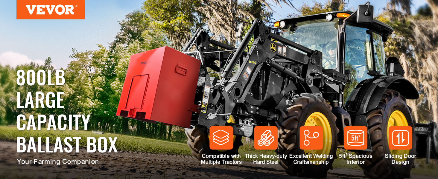 VEVOR ballast box on tractor, 800lb capacity, compatible with multiple tractors, large red design.