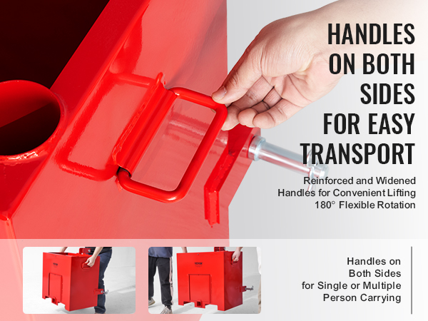 red VEVOR ballast box with reinforced handles on both sides for easy transport and convenient lifting.