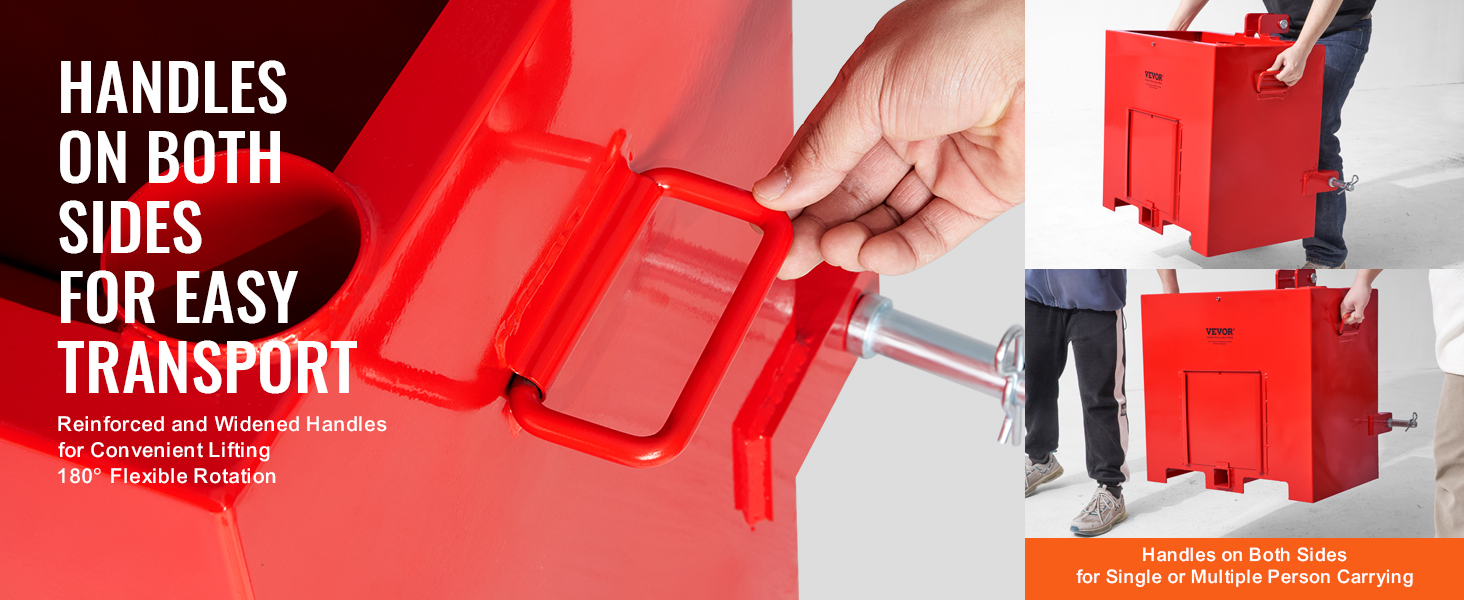 red VEVOR ballast box with reinforced handles on both sides for easy transport and convenient lifting.