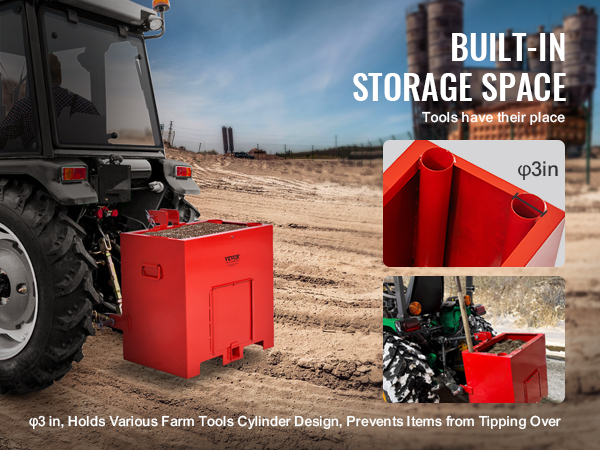 VEVOR ballast box attached to tractor in a field, built-in storage space for farm tools, red color.