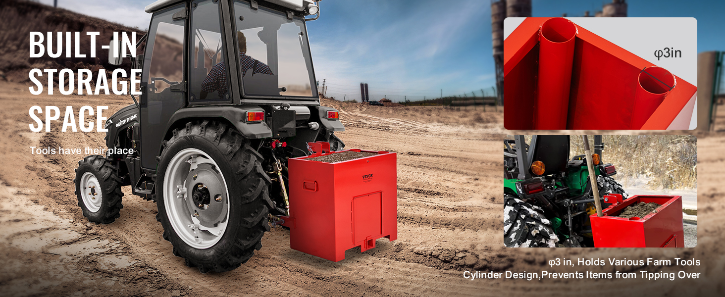 VEVOR ballast box attached to tractor in a field, built-in storage space for farm tools, red color.