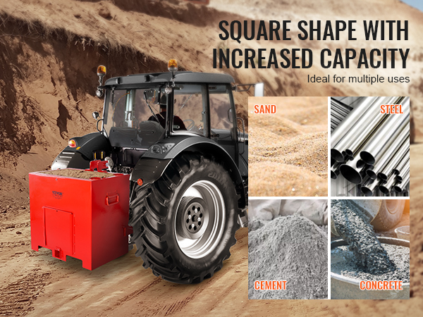 tractor with VEVOR ballast box carrying materials like sand, cement, steel, and concrete in a quarry.