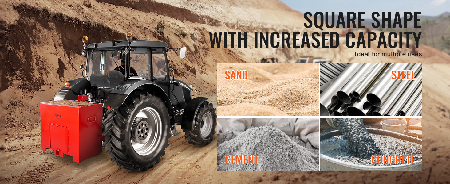 tractor with VEVOR ballast box carrying materials like sand, cement, steel, and concrete in a quarry.