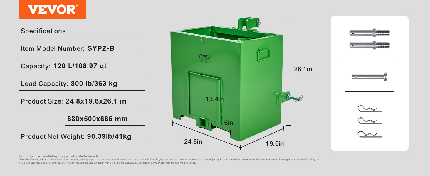 VEVOR ballast box specifications, model sypz-b, 120l capacity, 800lb load, green with accessories.