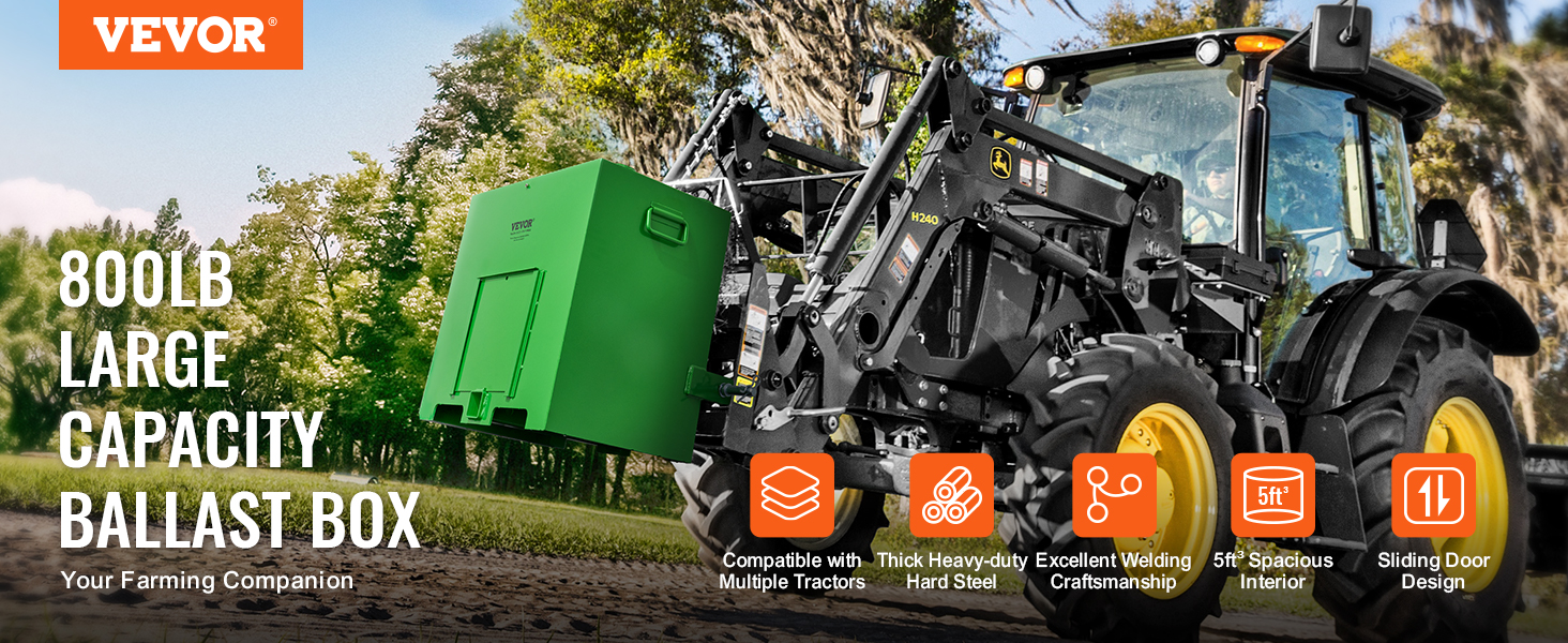 VEVOR ballast box 800lb capacity attached to a tractor in a farm setting with icons highlighting features.