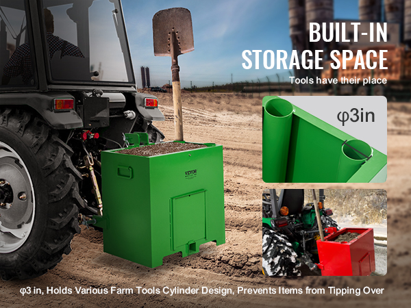 VEVOR ballast box attached to a tractor, showcasing built-in storage space for farm tools in a dirt field.